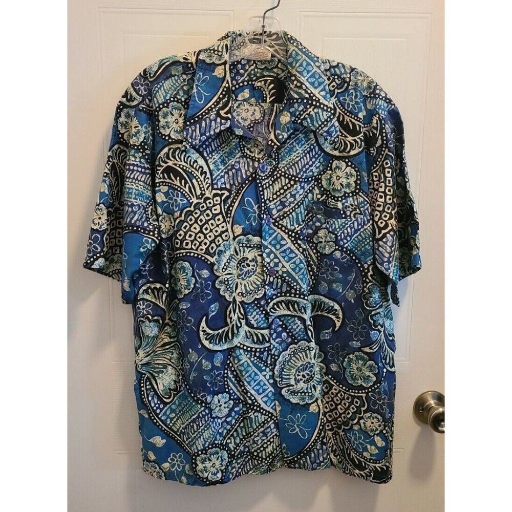 Vtg 70s Barefoot In Paradise Mens S/S Button Up Hawaiian Shirt Blue Aloha Camp L